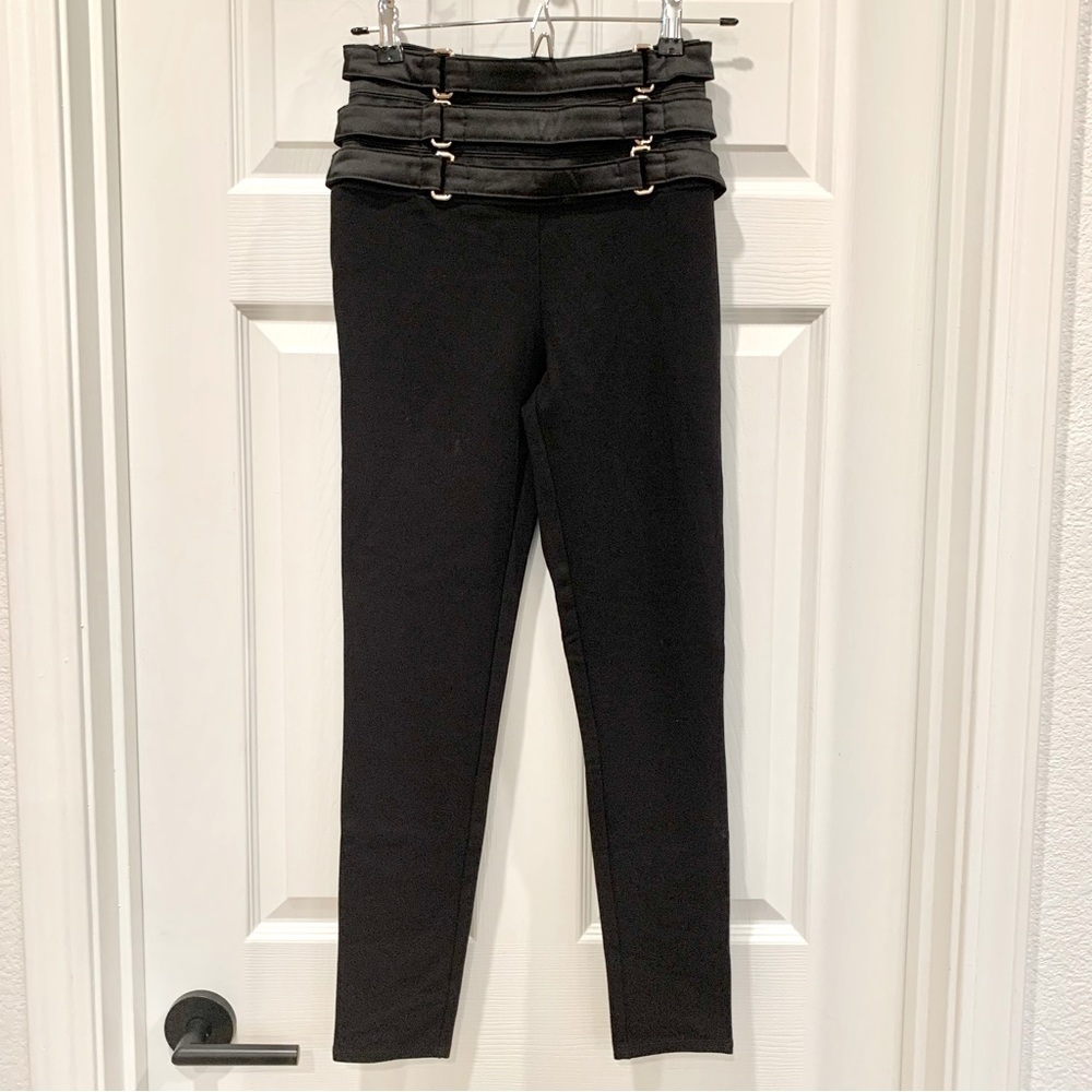 NWT Bebe Black Triple Strap Buckle Belted Corset Waist Wide Waistband Leggings
